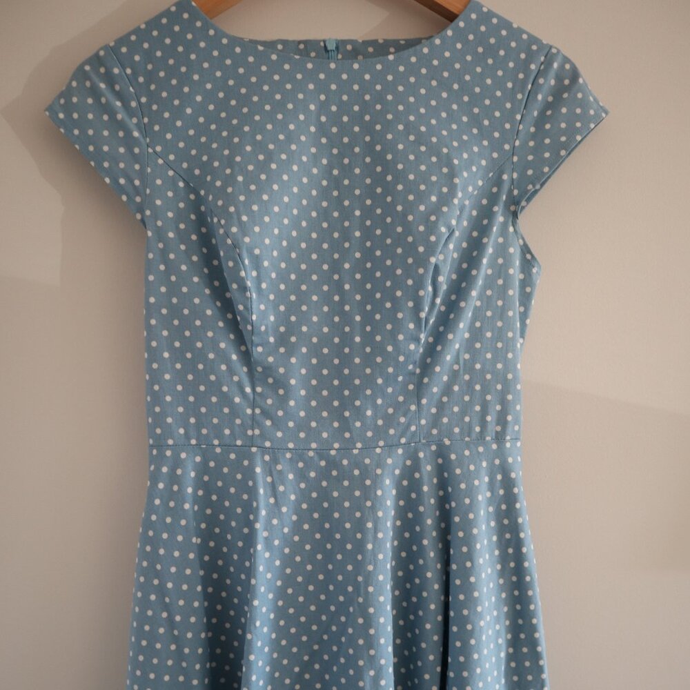 Retro vintage-style A-line polka dot dress, blue, S - 50s 60s prom costume
